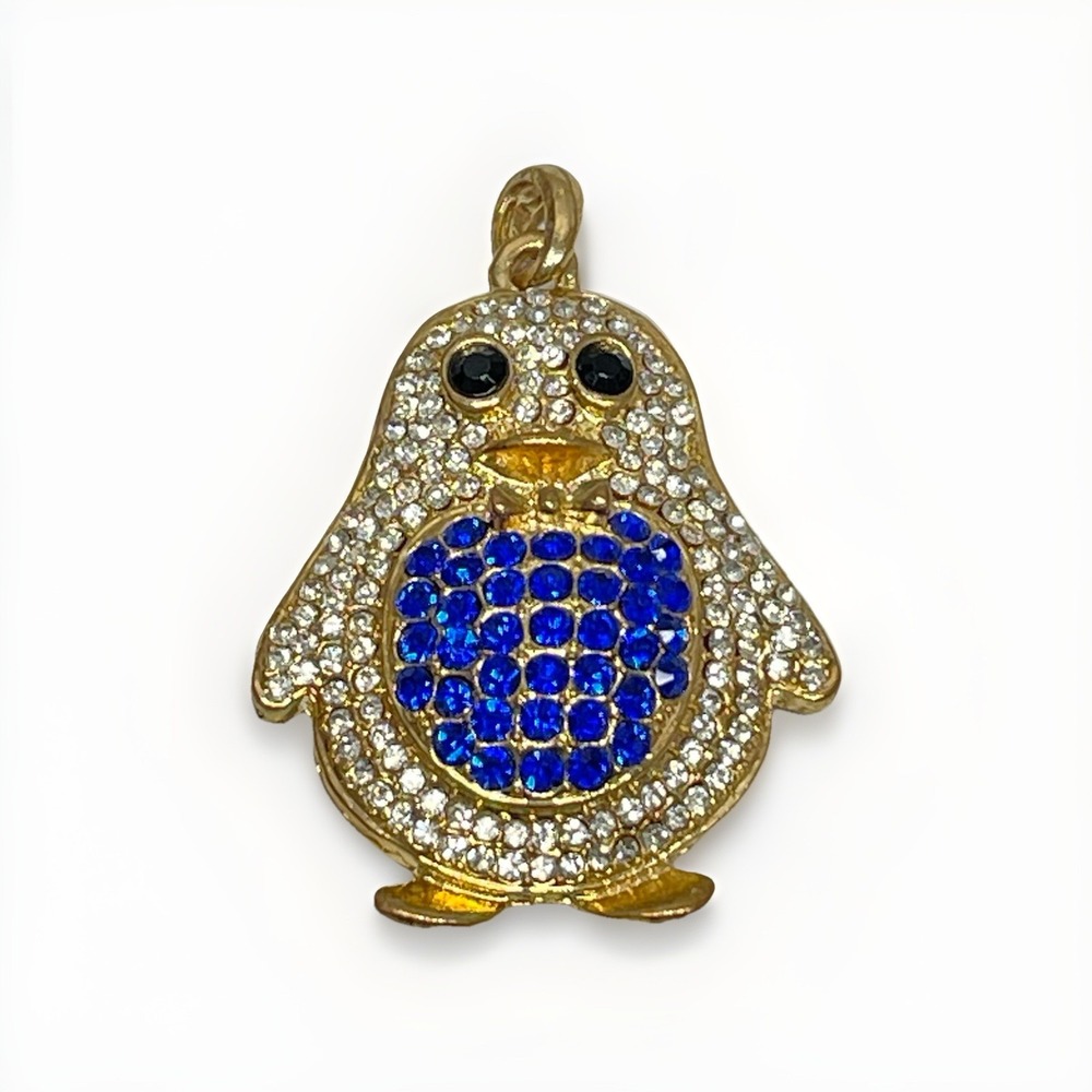 Penguin Keychain Bag Charm Or Jewelry Pendant Gold Rhinestone Sparkly Bling